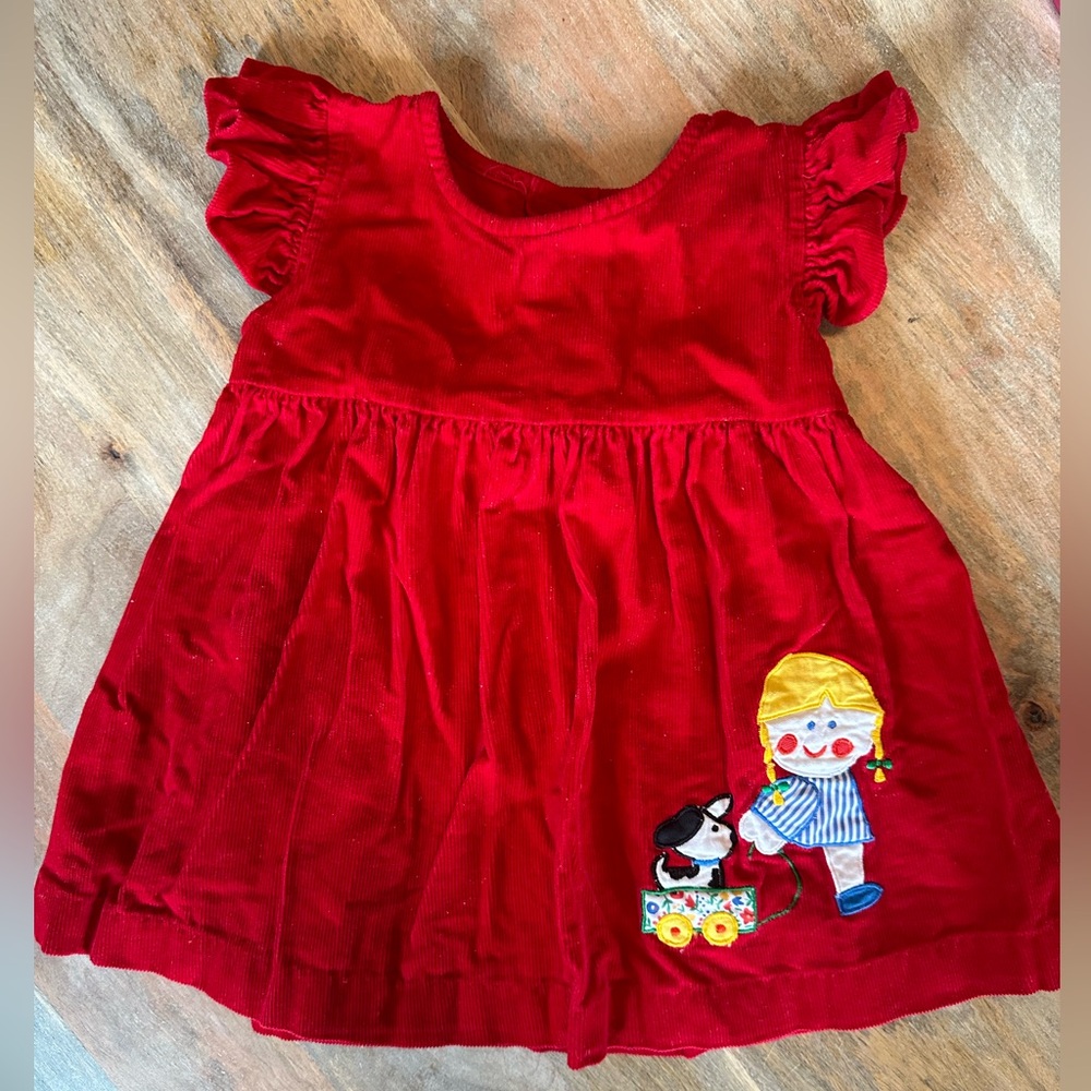 Vintage Red Corduroy Dress with Embroidered Doll and Dog